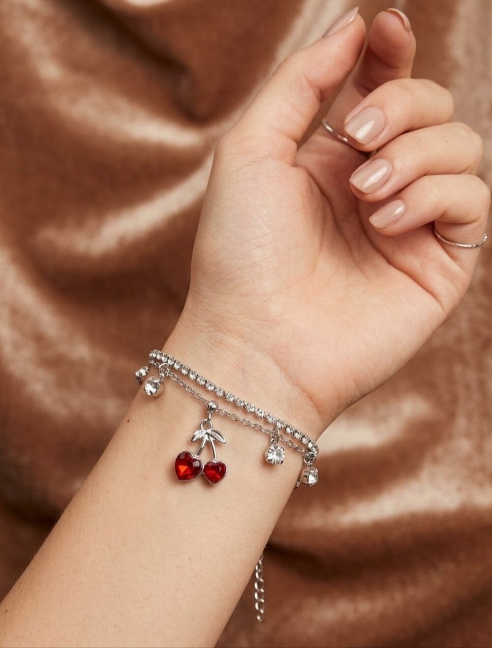 Silver Charm Bracelet with Red Cherry Heart Charms